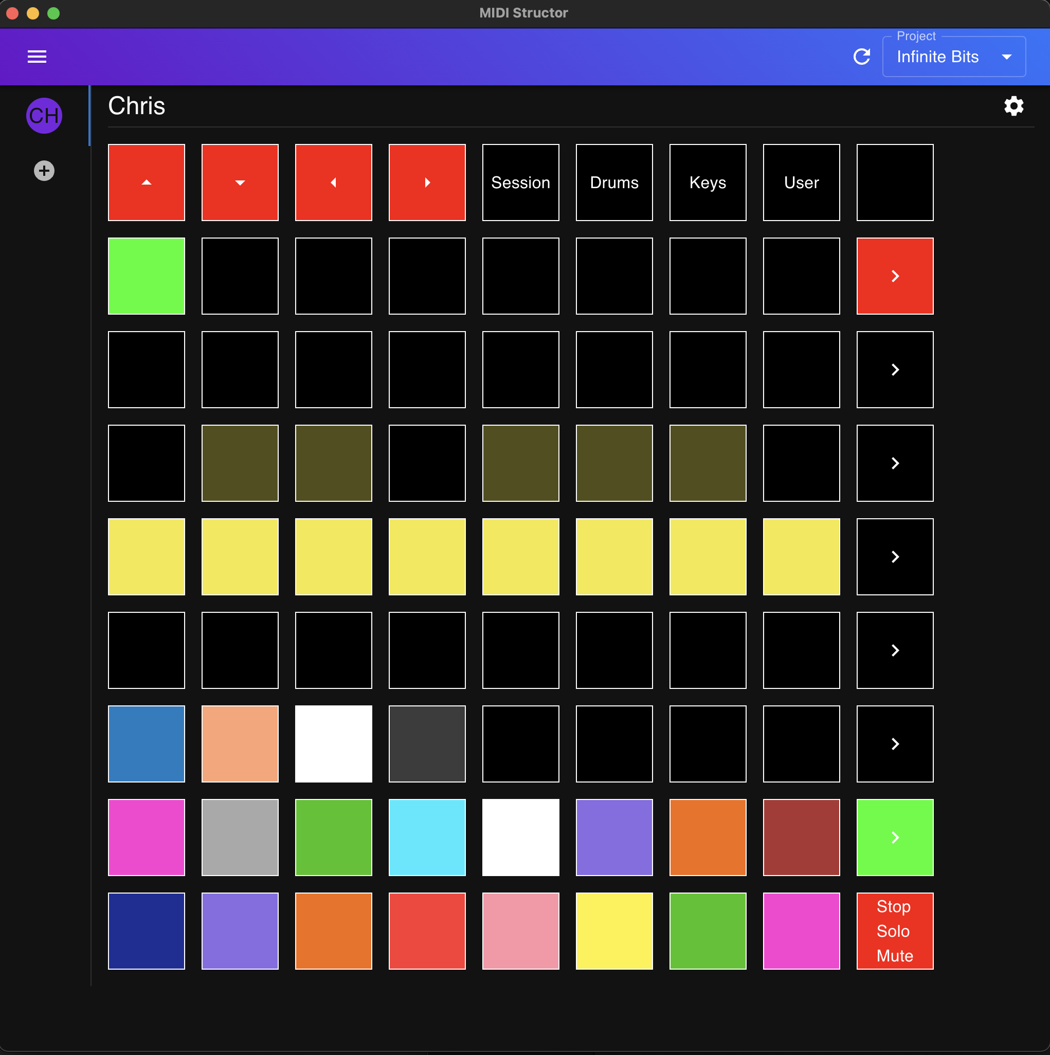 MIDI Structor's controller editor showing a Launchpad-style grid of colored pads for the project "Infinite Bits"